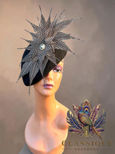 Load image into Gallery viewer, Guinevere - Black wool fascinator with a beautiful array of naturally shed guinea fowl feathers from Cornwall

