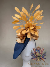 Load image into Gallery viewer, Navy &amp; Gold Feather Fascinator
