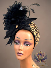 Load image into Gallery viewer, Leopard Print Fascinator with Black Crushed Velvet Flowers &amp; Feathers
