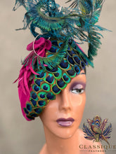 Load image into Gallery viewer, Josie - Fuchsia Wool fascinator with a gorgeous array of naturally shed in the uk peacock feathers
