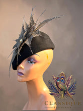 Load image into Gallery viewer, Guinevere - Black wool fascinator with a beautiful array of naturally shed guinea fowl feathers from Cornwall
