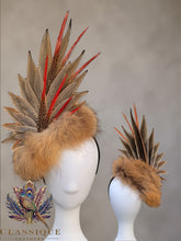 Load image into Gallery viewer, Fur &amp; Feather Fascinator with golden pheasant red spear feathers
