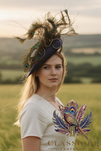 Load image into Gallery viewer, Navy Peacock Feather Fascinator
