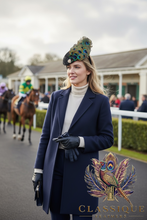 Load image into Gallery viewer, Navy crushed velvet fascinator adorned with an array of peacock feathers
