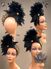 Load image into Gallery viewer, Leopard Print Fascinator with Black Crushed Velvet Flowers &amp; Feathers
