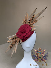 Load image into Gallery viewer, Burgundy wool fascinator with a striking flower and pheasant feathers
