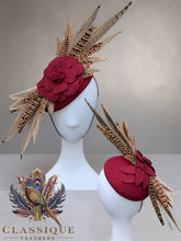 Load image into Gallery viewer, Burgundy wool fascinator with a striking flower and pheasant feathers
