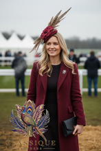 Load image into Gallery viewer, Burgundy wool fascinator with a striking flower and pheasant feathers

