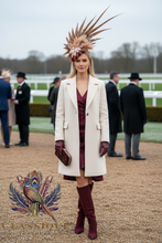 Load image into Gallery viewer, Burgundy wool fascinator with beautiful hand dyed feathers
