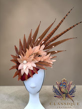 Load image into Gallery viewer, Burgundy wool fascinator with beautiful hand dyed feathers
