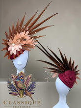 Load image into Gallery viewer, Burgundy wool fascinator with beautiful hand dyed feathers
