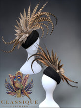 Load image into Gallery viewer, Black wool fascinator with a fabulous array of natural pheasant feathers
