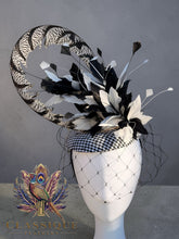 Load image into Gallery viewer, Houndstooth Fascinator with a striking array of black &amp; white feathers
