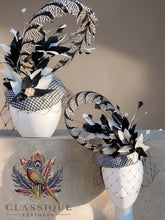Load image into Gallery viewer, Houndstooth Fascinator with a striking array of black &amp; white feathers
