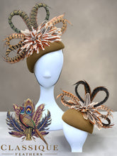 Load image into Gallery viewer, Green Wool Teardrop Fascinator with natural and dyed pheasant feathers
