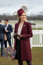 Load image into Gallery viewer, Florence - Deep Pink / Burgundy wool fascinator with golden pheasant feathers
