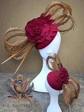 Load image into Gallery viewer, Florence - Deep Pink / Burgundy wool fascinator with golden pheasant feathers
